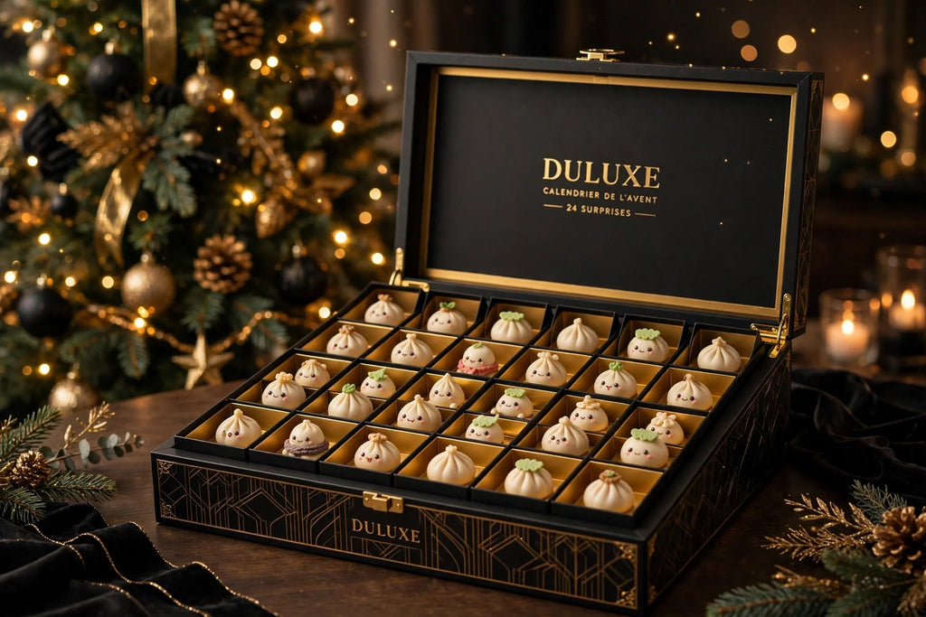 Calendrier de l'Avent Surprise des Fêtes noir et doré ouvert devant un sapin de Noël illuminé