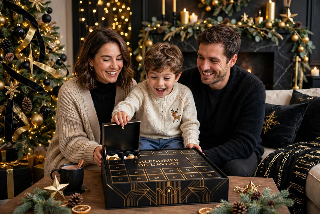 Famille et enfant joyeux ouvrant une case du Calendrier de l'Avent dans un salon de Noël