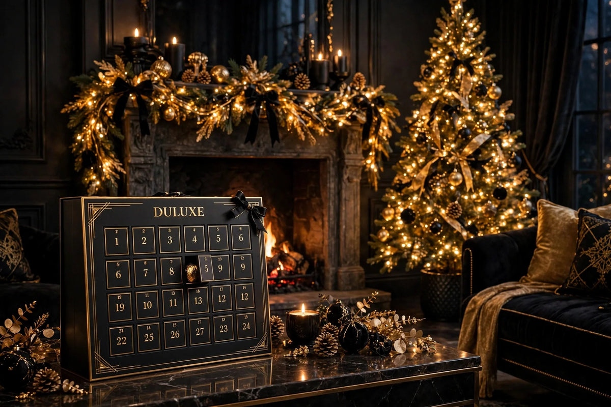 Calendrier de l'Avent dans un salon de Noël chaleureux le soir avec sapin illuminé