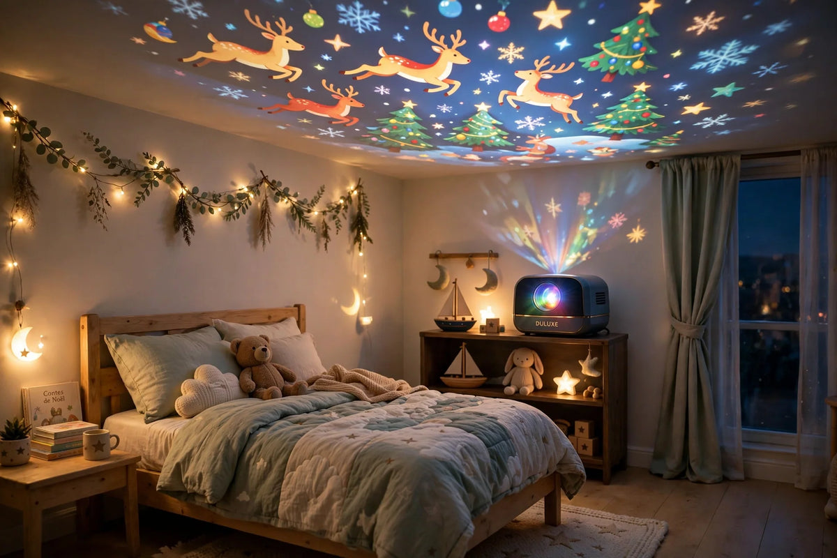 Projections de rennes et de sapins au plafond d'une chambre d'enfant