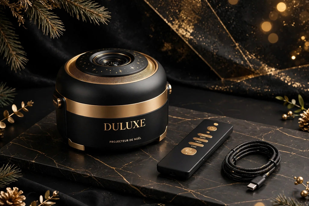 Projecteur de Noël avec sa télécommande et son câble USB