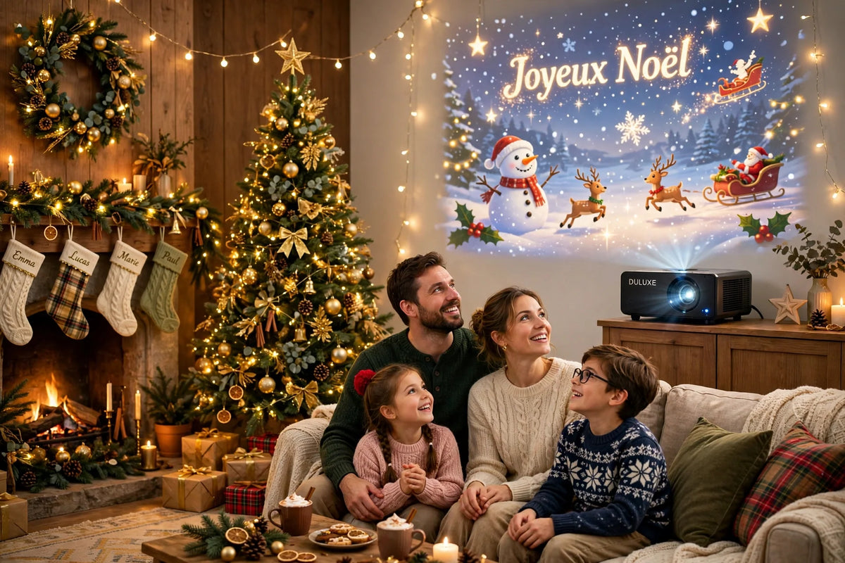 Salon de Noël féerique avec projections animées et famille réunie