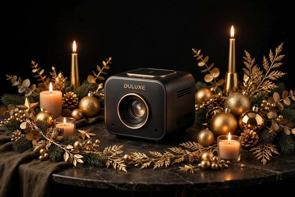 Projecteur de Noël posé sur une table aux décorations dorées