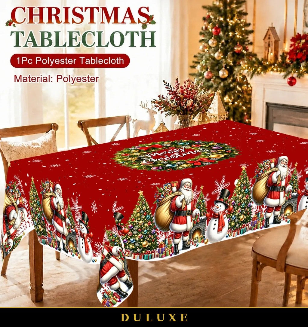 Formats de la nappe de Noël DULUXE : ronde diamètre 150 cm et rectangulaire 140 par 180 cm