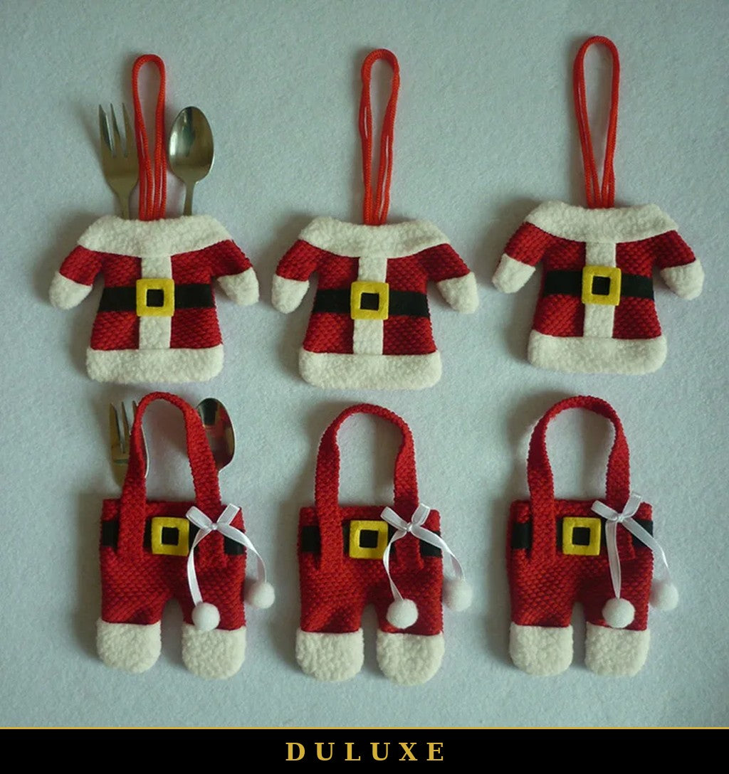Six porte-couverts Père Noël DULUXE disposés en deux rangées, hauts et pantalons