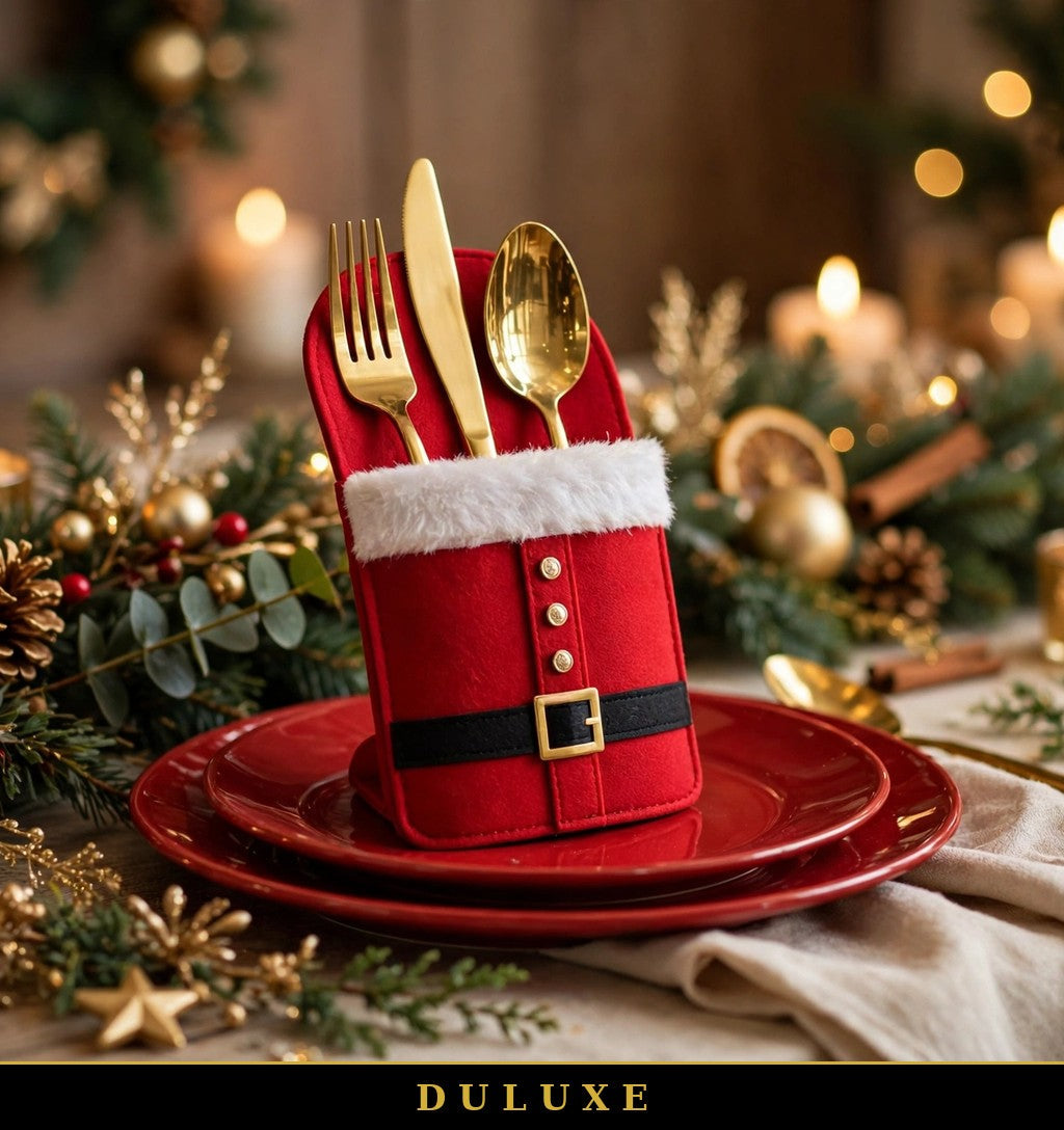 Table de Noël élégante avec porte-couverts Père Noël DULUXE et couverts dorés