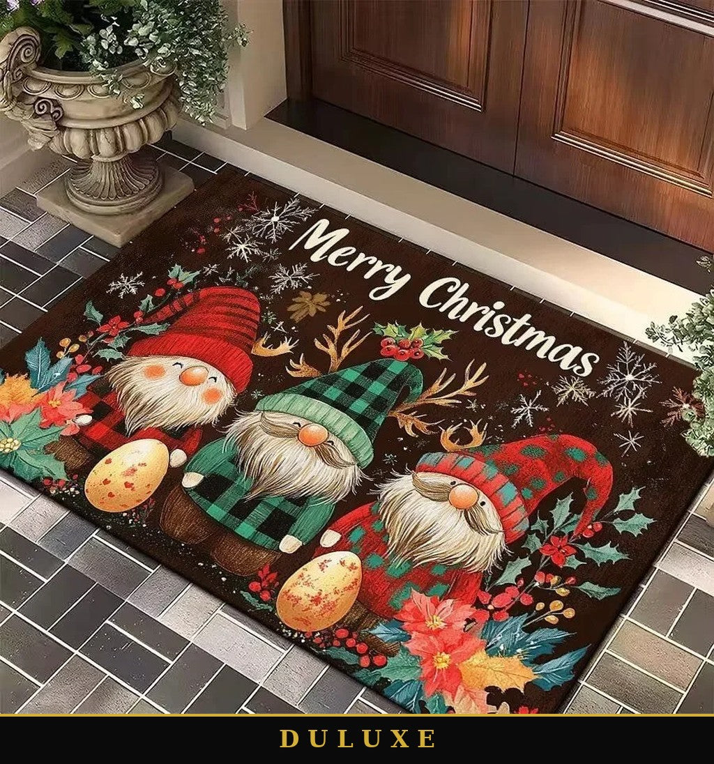 Tapis de porte de Noël DULUXE motif gnomes des fêtes devant l'entrée de la maison