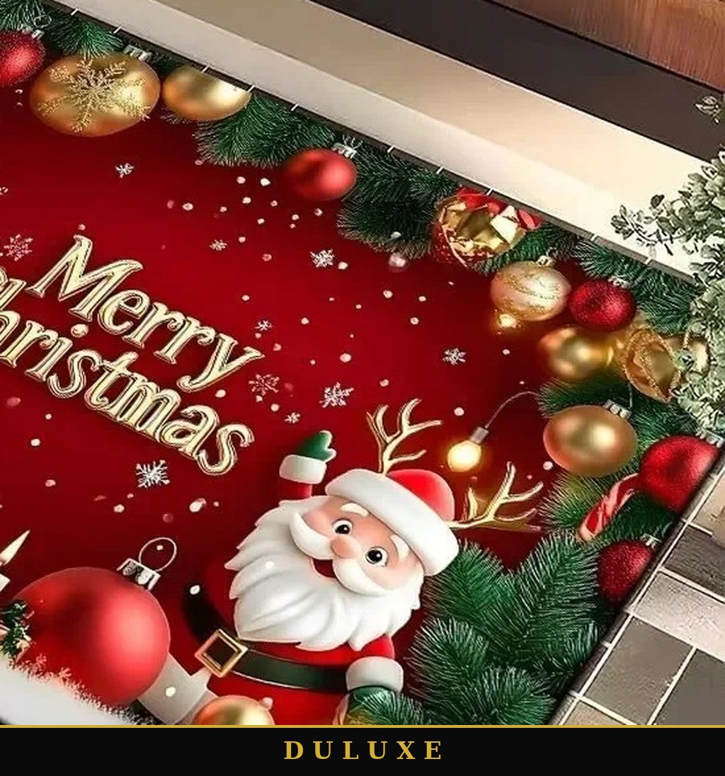 Gros plan sur le motif Père Noël et renne du tapis de Noël rouge DULUXE
