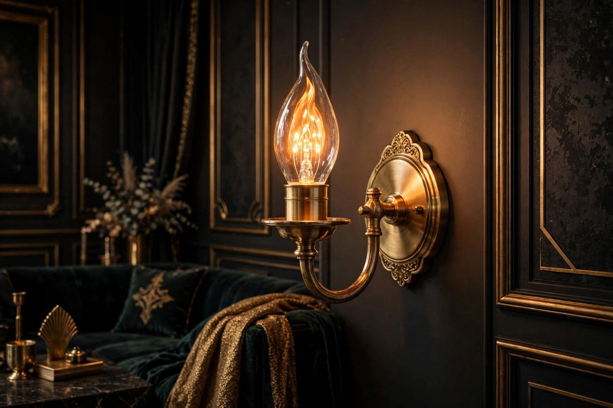 Ampoule flamme LED dans une applique murale élégante, lueur chaude de cheminée