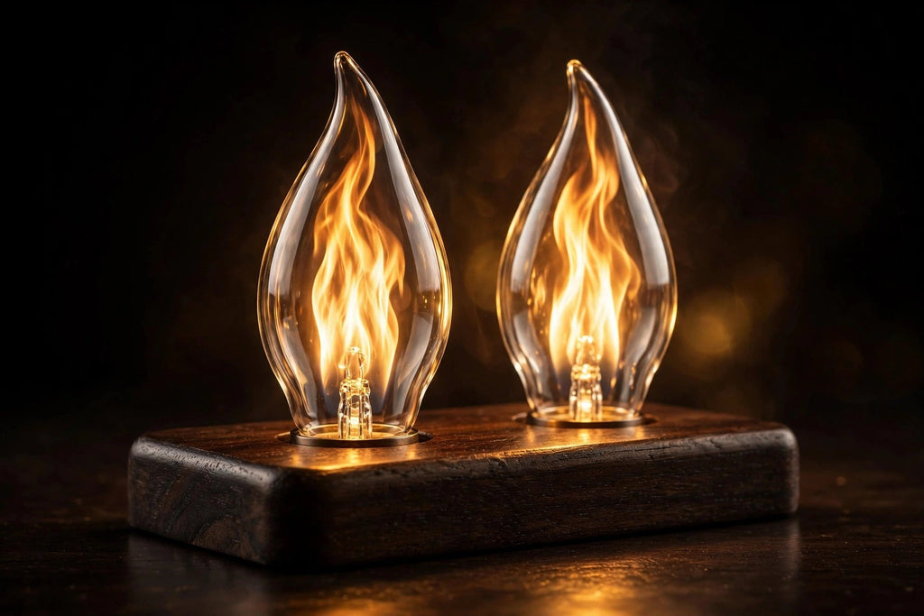 Lot d'ampoules flamme LED sur socle en bois sombre, effet vacillant chaleureux