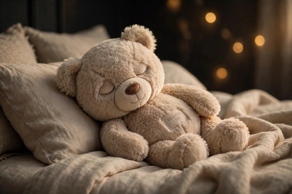 Peluche lestée ours au pelage ultra-doux posée sur un lit douillet, ambiance apaisante