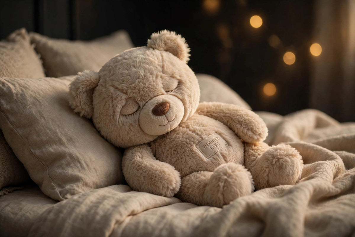 Peluche lestée ours au pelage ultra-doux posée sur un lit douillet, ambiance apaisante