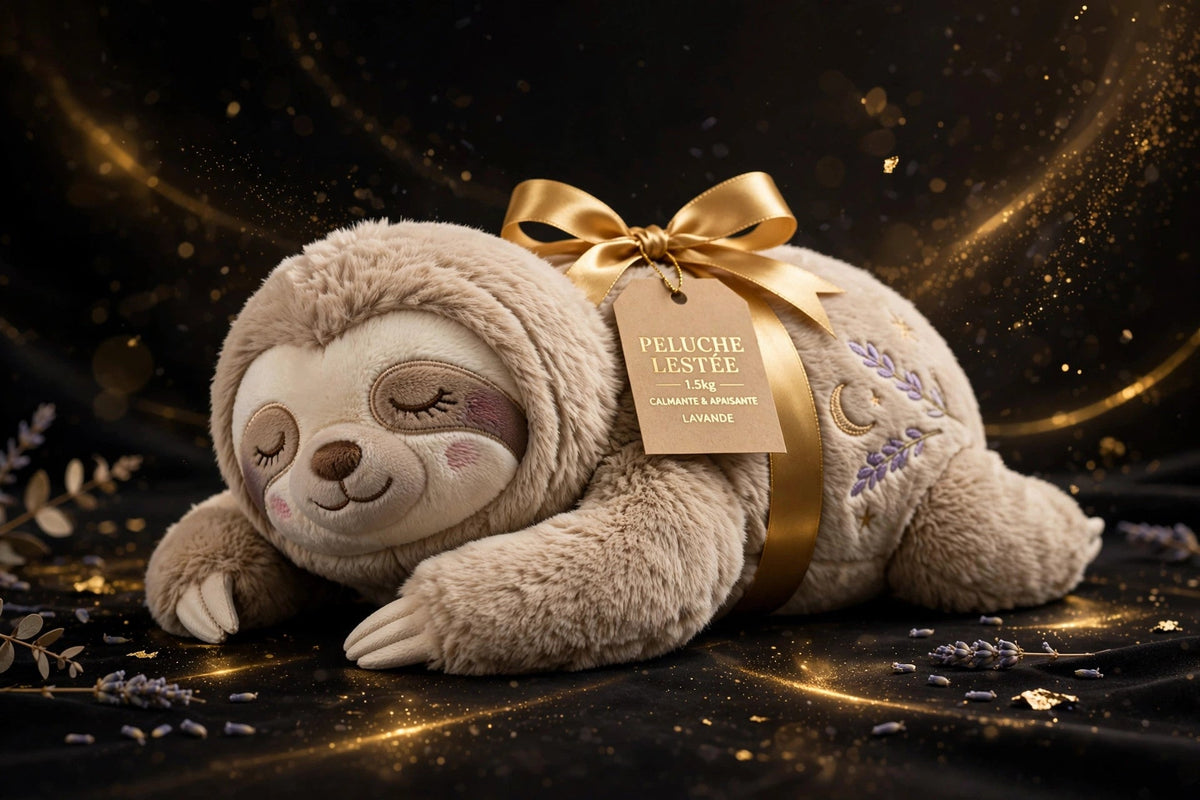 Peluche lestée apaisante présentée en idée cadeau avec un ruban doré