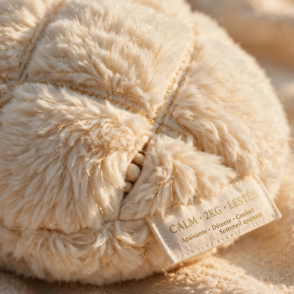 Gros plan sur la texture ultra-douce du pelage de la peluche lestée apaisante