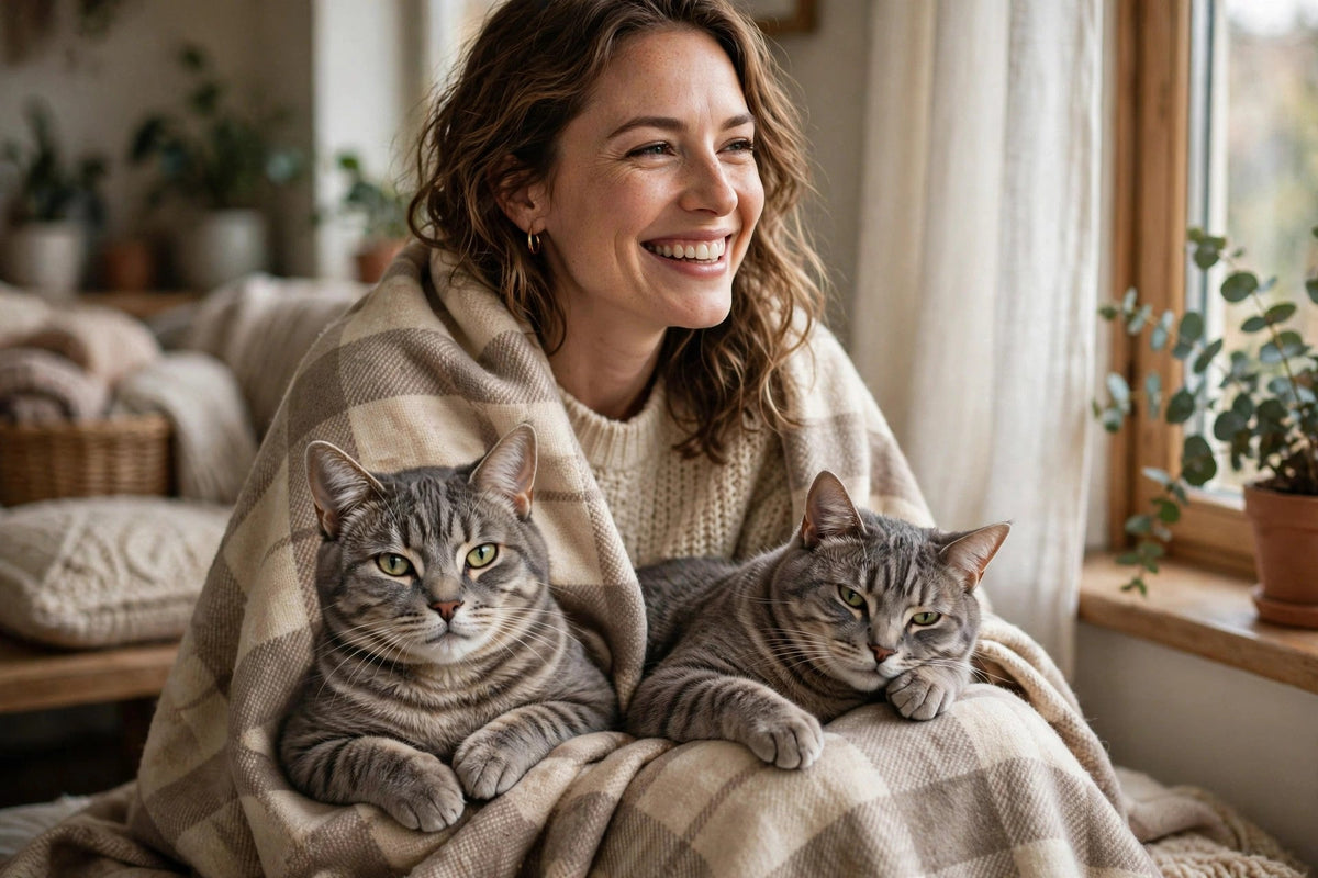 Femme emmitouflée dans un plaid personnalisé avec le portrait de son chat, près d'une fenêtre