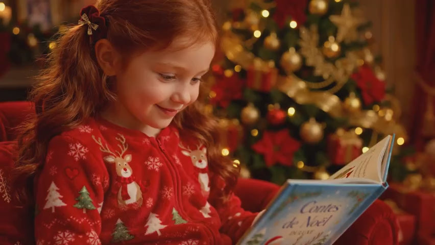 Vidéo démo en français : veillée de Noël, enfant en pyjama polaire à motifs rennes près du sapin, présentation DULUXE