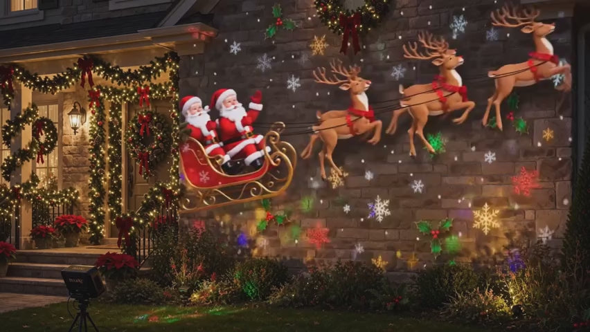 Vidéo démo du Projecteur de Noël Féerique DULUXE : projections sur façade la nuit et changement de motif à la télécommande