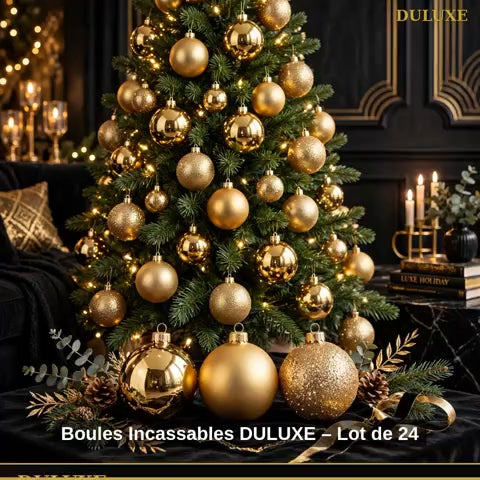 Vidéo démo des boules de Noël incassables DULUXE lot de 24, finitions brillantes mates et pailletées Or Royal, en français