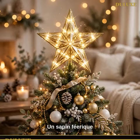 Vidéo démo de l'Étoile de Sapin Lumineuse de Noël DULUXE dorée scintillante à LED au sommet d'un sapin féerique, en français