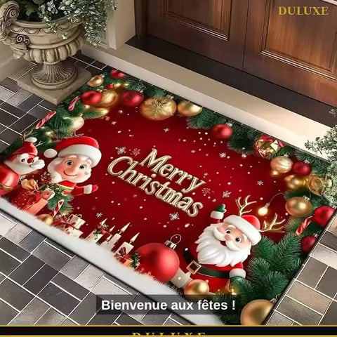 Vidéo démo du tapis de porte de Noël antidérapant Père Noël et renne DULUXE à l'entrée, en français