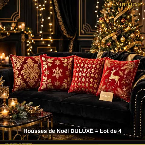 Vidéo démo des housses de coussin de Noël DULUXE lot de 4, motifs dorés rouge et or, en français