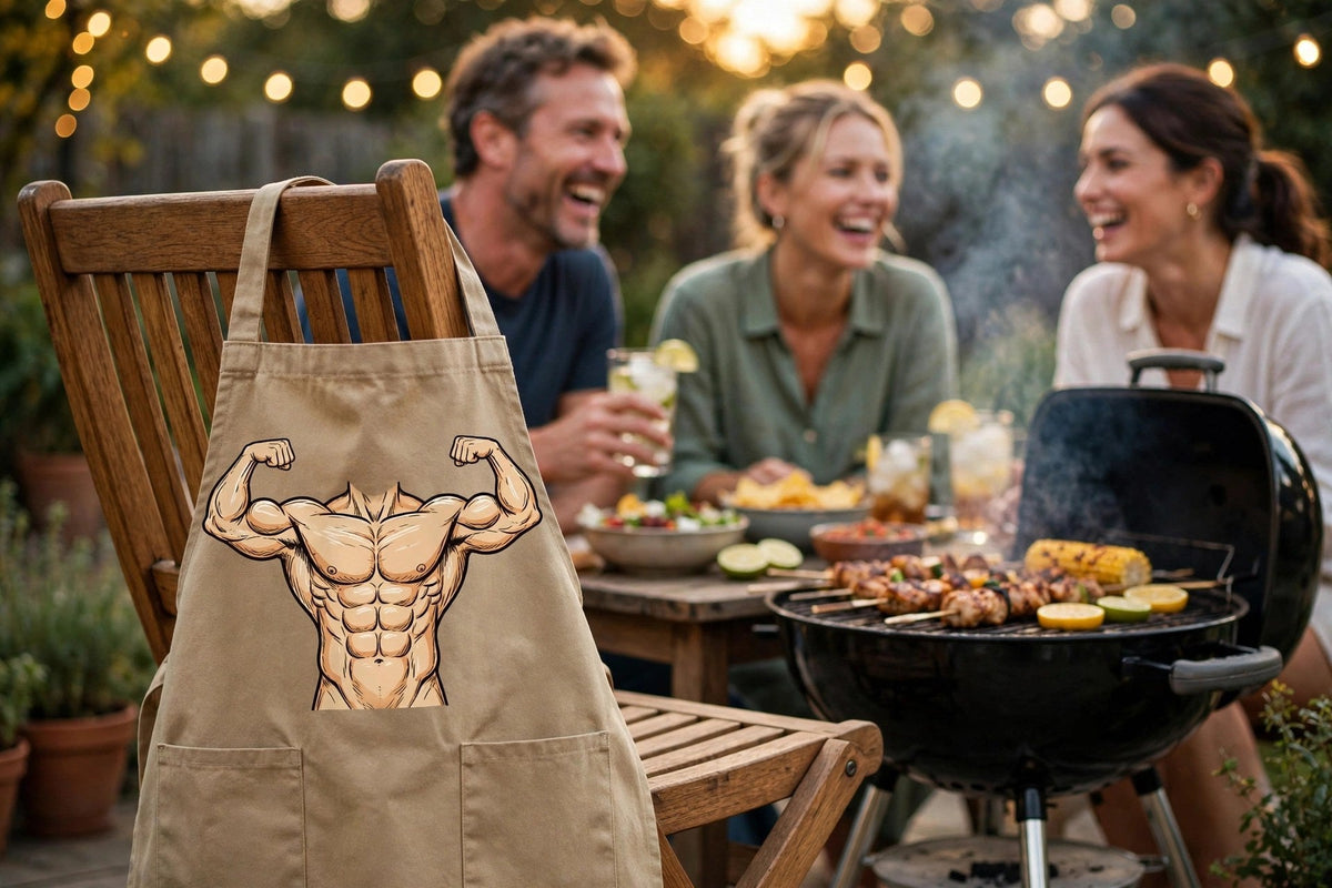 Fête barbecue entre amis, le tablier humoristique en avant-plan